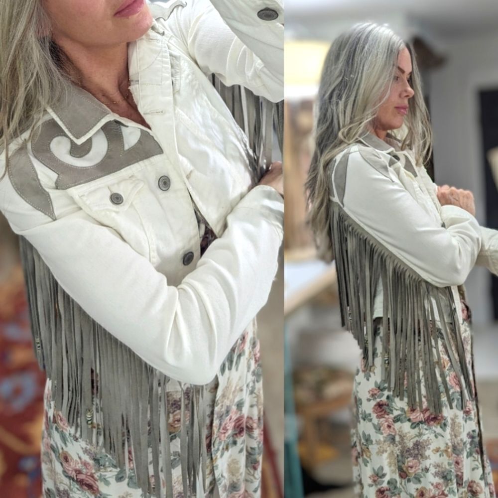 Leather & Denim Fringe Jacket - Picture 2 of 12